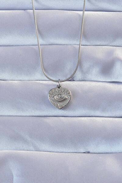 Nehir Stylish 316L Silver Color Zircon Stone Embellished Eye Detail Heart Nec...
