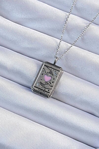 Nehir Stylish 316L Steel Chain Antique Silver Color Pink Enamel Heart Figured...