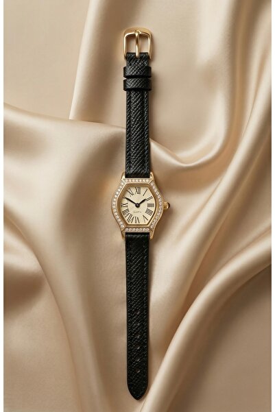 KLISHE Butik Women's Watch Gold Color Stone Vintage |   Black Leather Cord Ro...