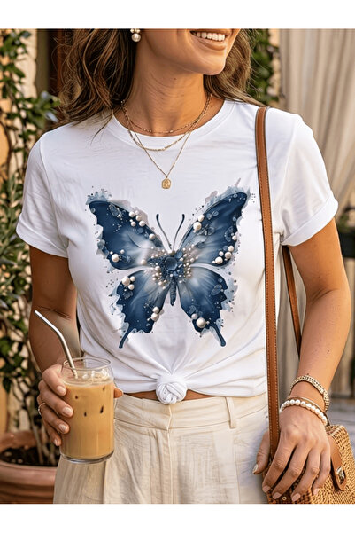 one button تي شيرت كبير الحجم مطبوع عليه فراشة زرقاء