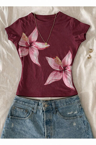 EVIus Women's Floral Printed Lycra Short Sleeve Body Tee Crop