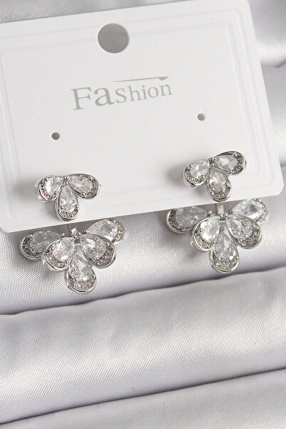 Nehir Stylish Brass Silver Color Zircon Stone Drop Model Women's Earrings, Te...