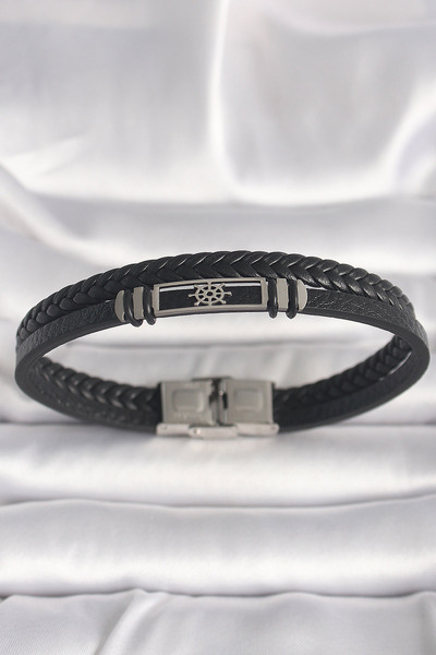 Nehir Stylish 316L Steel Silver Color Ship Rudder Figure Black Twisted Leathe...