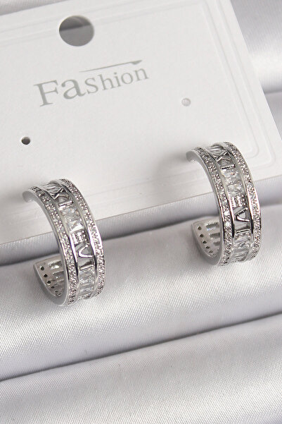 Nehir Stylish Brass Silver Color Zircon Stone Engraved Detail Hoop Model Wome...