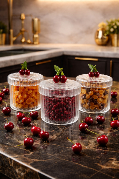 Gülümseten Avm Set of 3 Glass Jars with Cherry Lids 400 ml – Storage Containe...