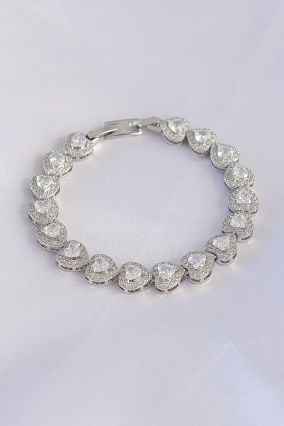 Nehir Şıkvip Series Brass Zircon Stone Silver Color Heart Model Braceletteach...