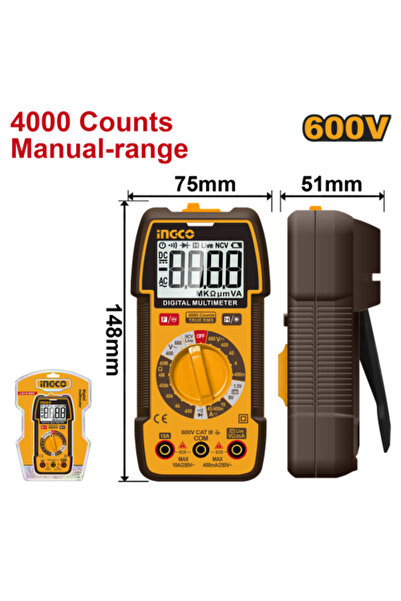 Ingco جهاز قياس رقمي متعدد الوظائف بشاشة LCD يتحمل 600 فولت ويحتوي على 4000 عداد
