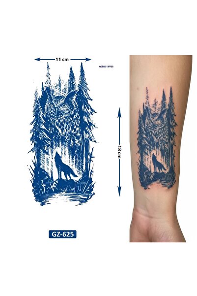 Airbrush Tattoo Bozkurt ve Baykuş 1 Ay Kalıcı Geçici Dövme Yapıştırma Dövme