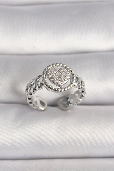 Nehir خاتم نسائي أنيق من النحاس الفضي اللون مع حجر الزركون على شكل قلب، مناسب...