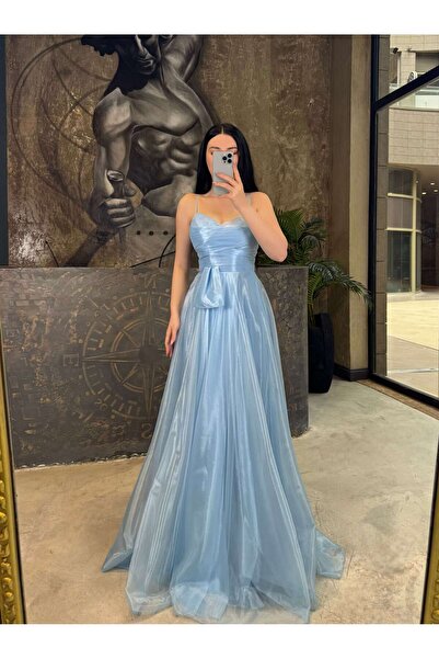 missswans Arniya İp Askılı Arkası Bağcıklı Uzun Boy Abiye İndigo