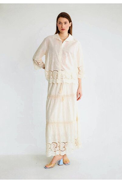 BRTC design Women's Cream Shawl Embroidered Cotton Shirt Skirt Set