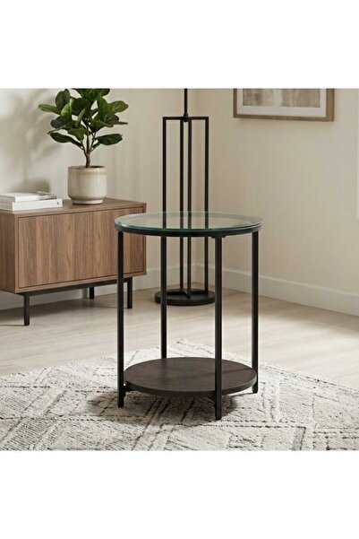 Arnohome Round Side Table with Transparent Glass Top and Circular Wooden Bott...