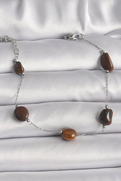 Nehir Stylish 316L Steel Silver Color Chain Brown Natural Stone Model Women's...