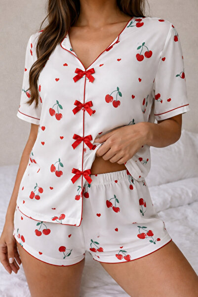 Silona Homewear Mayla Cherry Patterned Red Bow Detailed Shorts Pajama Set