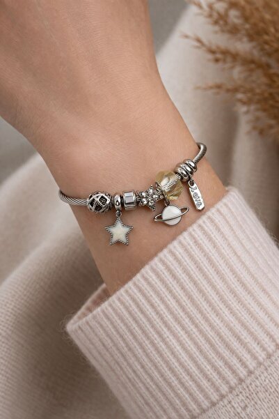 stainless steell Silver Multi-Colored Charm Steel Bracelet