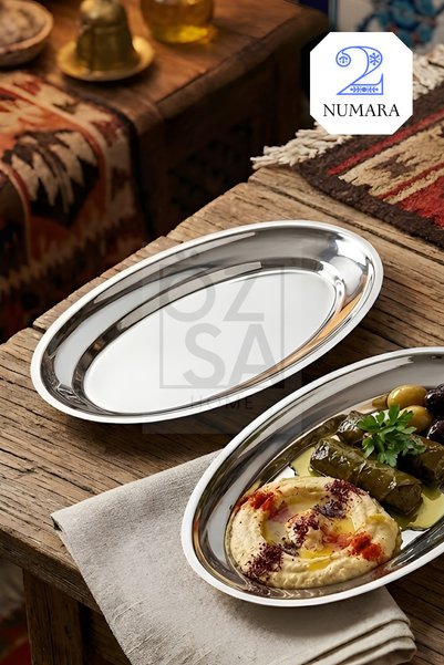 ÖzSa Home Ovalis 2'li Küçük Boy Çelik Meyve Salata Meze Tabağı Servis Sunum Parlak Kayık Tabak Seti No: 2