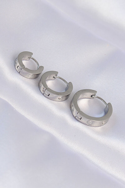 Nehir Stylish 316L Steel Silver Color Zircon Stone Model 3-Piece Hoop Earring...
