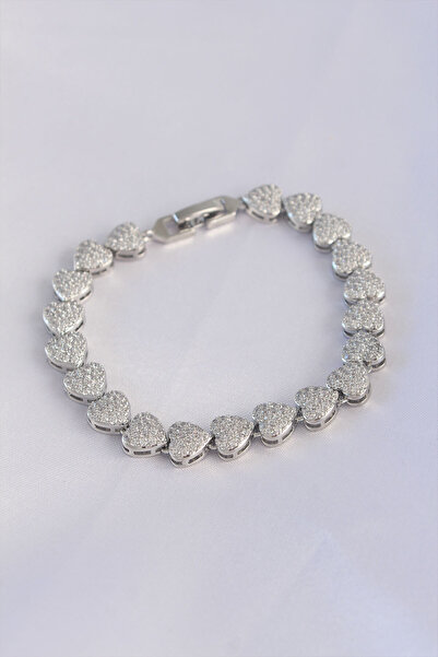 Nehir Şıkvip Series Brass Zircon Stone Silver Color Heart Model Braceletteach...
