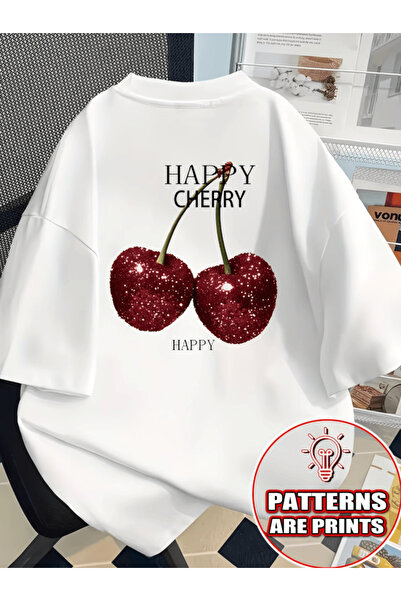 one button Happy Cherry Back Printed Premium Oversize T-Shirt