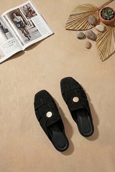 Ayakkabı Fuarı Papuci plati din piele naturală pentru femei Elit ZYN4200, negri