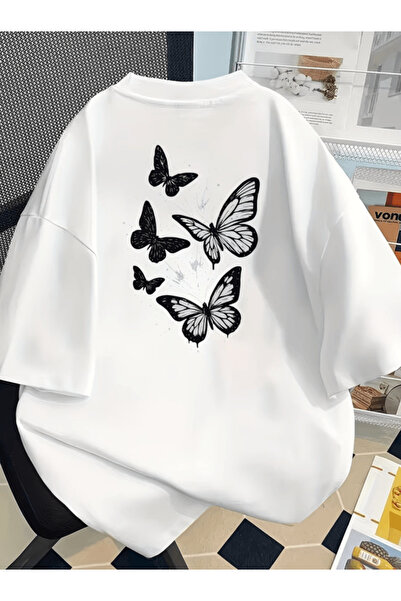 one button تيشيرت فاخر مطبوع عليه فراشة سوداء طائرة بحجم كبير