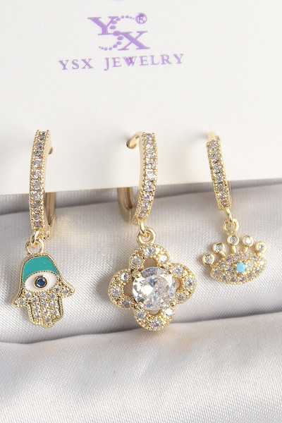 Nehir Stylish Brass Gold Color Zircon Stone Fatma Ana Hand Clover Figure Eye ...