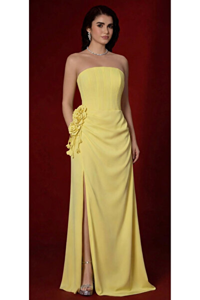 ALİN STRAPLEZ YIRTMAÇ VE ÇİÇEK DETAYLI UZUN ŞIK ELBİSE