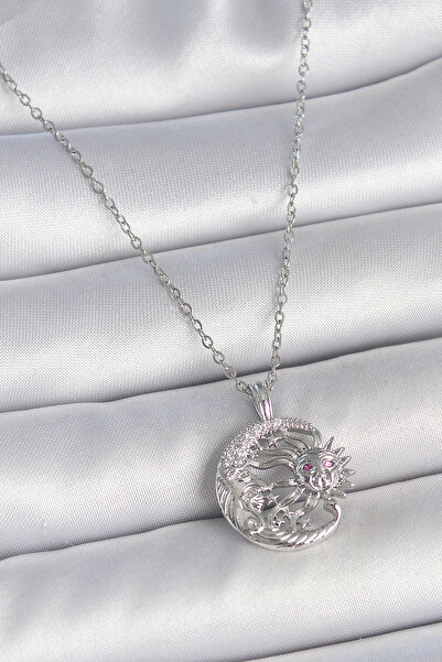 Nehir Stylish 316L Steel Silver Color Chain Moon Sun Model Zircon Stone Detai...