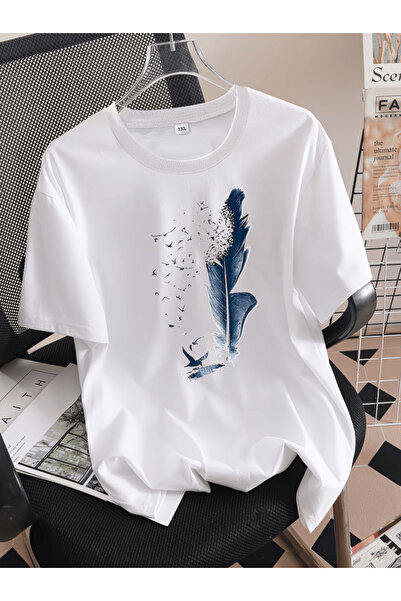 one button Tricou oversize premium cu imprimeu Blue Feather