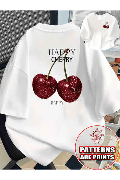 one button Happy Cherry Double Sided Printed Premium Oversized T-Shirt