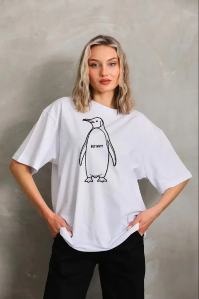 modi Women's Casual Style White Nihilistic Penguin Special Design Oversize Cr...