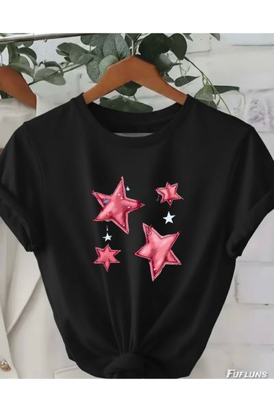 FUFLUNS Pink Stars Printed Oversized Unisex Women's Crew Neck T-Shirt