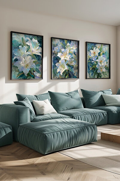 STARYUNA Black Wooden Framed White Lily Flowers Triple Painting Set Ucyuna592