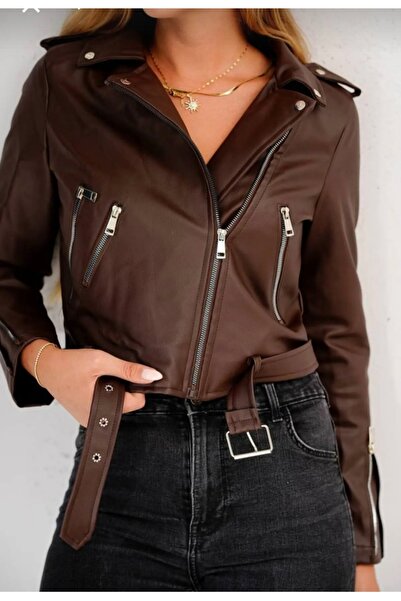 LAVRE Women's Double-Breasted Collared Leather Jacket - Biker Style Jacket wi...