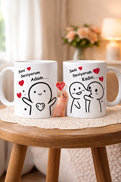 hediye Eşli Çift Kişilik İki Adet Kupa Bardak Seti Seni Seviyorum Adam Yazılı...