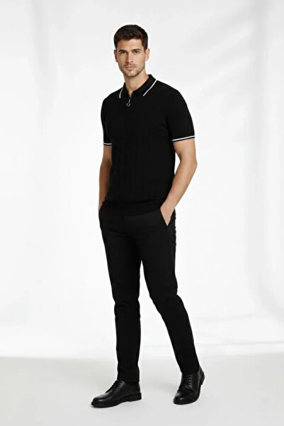 modi Men's Casual Style Black Zipper Collar Ribbed Knit Short Sleeve T-Shirt ...