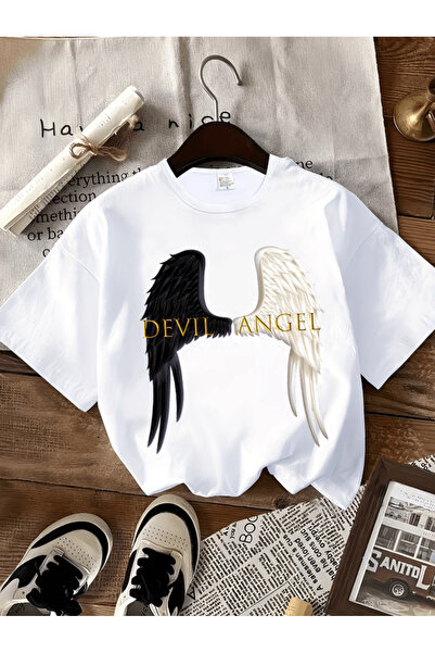 one button Tricou Premium Oversize cu imprimeu Aripi de Diavol și Înger