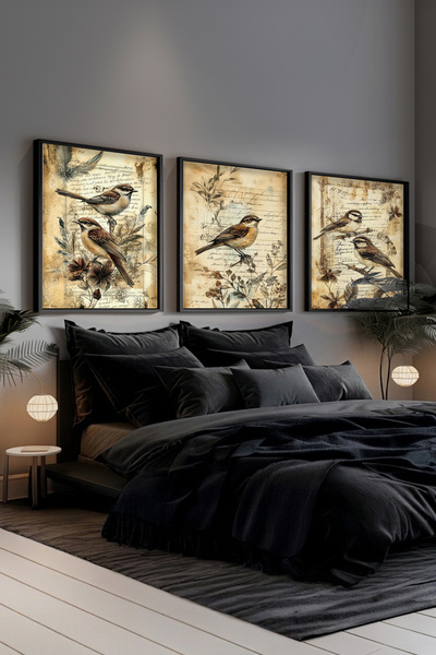 STARYUNA Black Wooden Framed Minimalist Floral Themed Triple Painting Set Ucy...