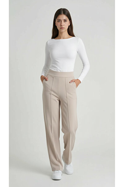 MODASPARK Beige High Waist Women's Palazzo Trousers with Pockets
