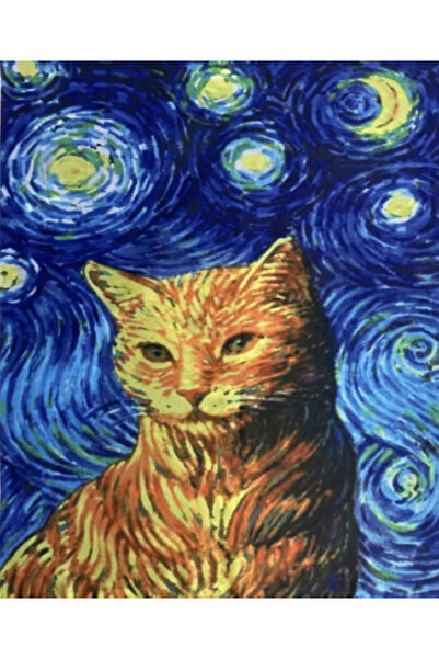 OEM Silk Scarf "Cat under the Starry Sky", Impressionist Style, 70x180 cm, Blue