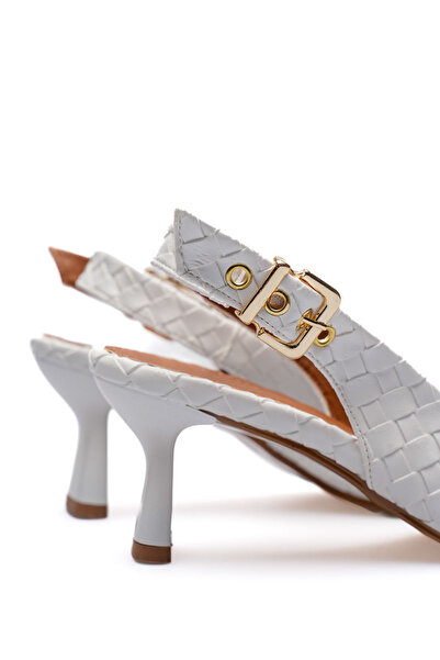 Long Star Γυναικεία πέδιλα με χοντρό τακούνι, λευκά πλεκτά με σχέδιο και αγκρ...