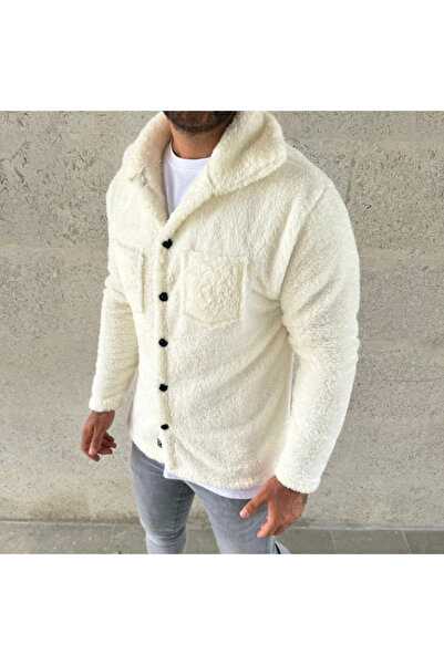 modi Soft Plush Men's Warm Snow White Buttoned Fleece Cardigan Shirt