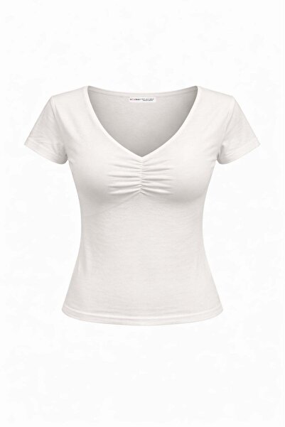 Mixray 2080 Women's V-Neck Gathered Detailed Short Sleeve Basic T-Shirt White