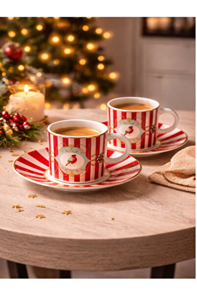 Home 2'li Retro kuş desenlikırmızı çizgili türk kahvesi fincanı