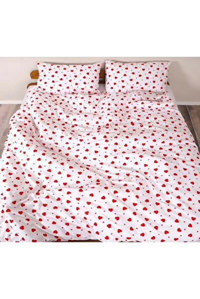 Pamuku Heart Pattern Double-Sided Duvet Cover Set with Elasticated Bed Sheet ...