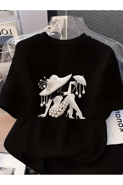 one button Tricou oversize premium cu imprimeu elegant cu detalii de pălărie ...