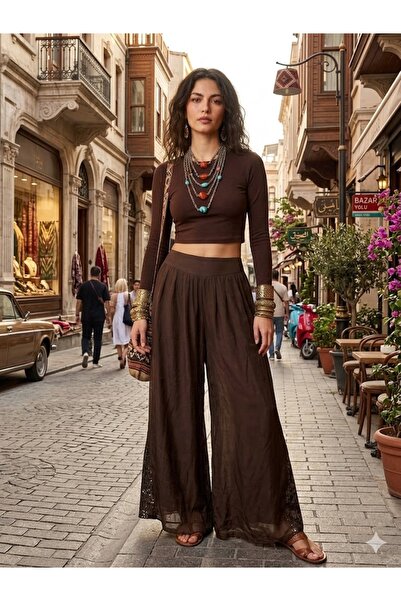 AYASOFYA OTANTIK Women's Italian Elastic Waist Sequined Wide-Leg Silk Trousers