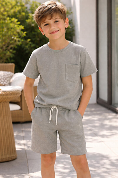 ALKINKİDS 4-14 Years Old Boys' Gray Cotton Short-Sleeved Shorts Summer Set