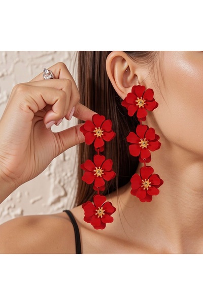 Glamluxe أقراط متدلية على شكل باقة زهور حمراء - أقراط نسائية بتصميم خاص