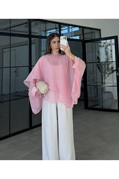 manana fashion شيفون كبير الحجم بتفاصيل عباءة مميزة باللون الأزرق الجليدي